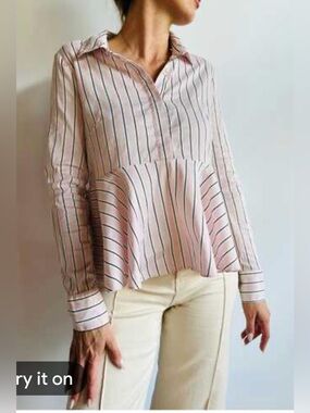 Milly Sz 6 Striped  Pink Peplum Button-Down Top Shirt Blouse